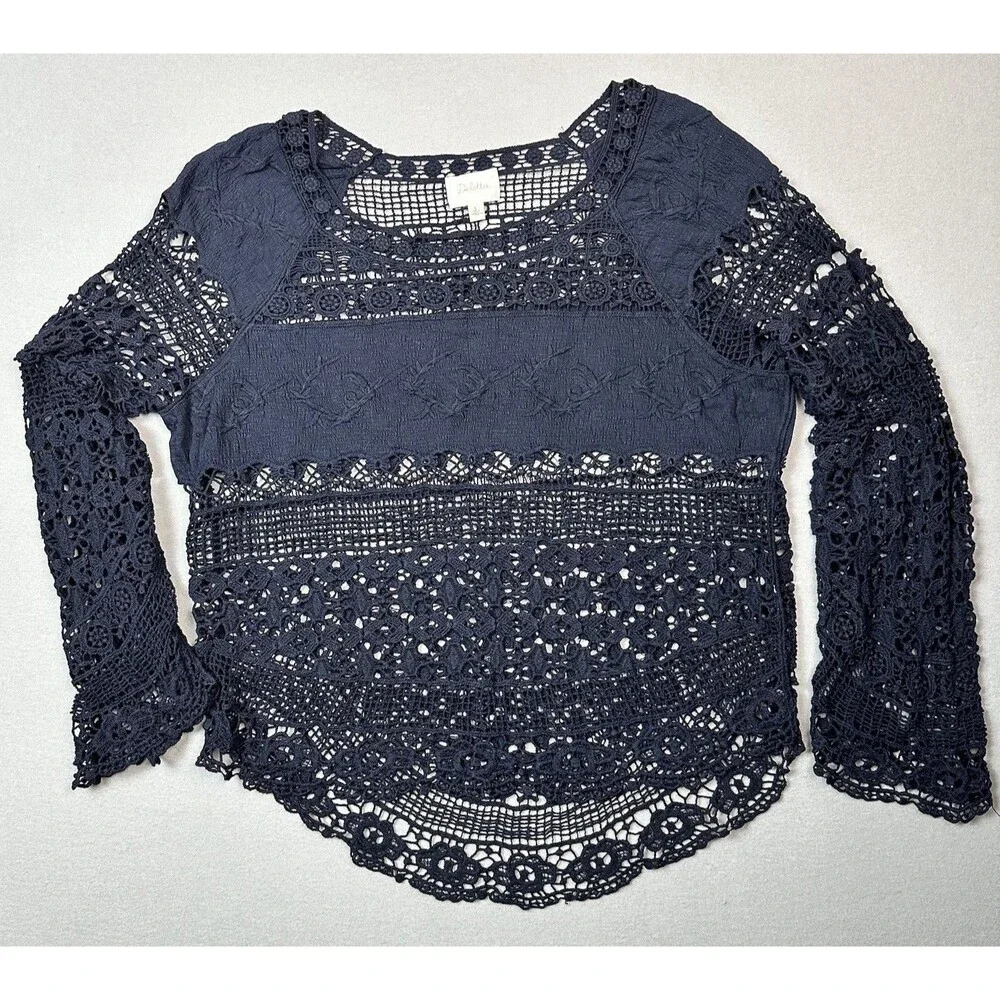 Anthropologie Deletta Crochet Lace Top Navy Blue Sz L Witchy Boho Coquette